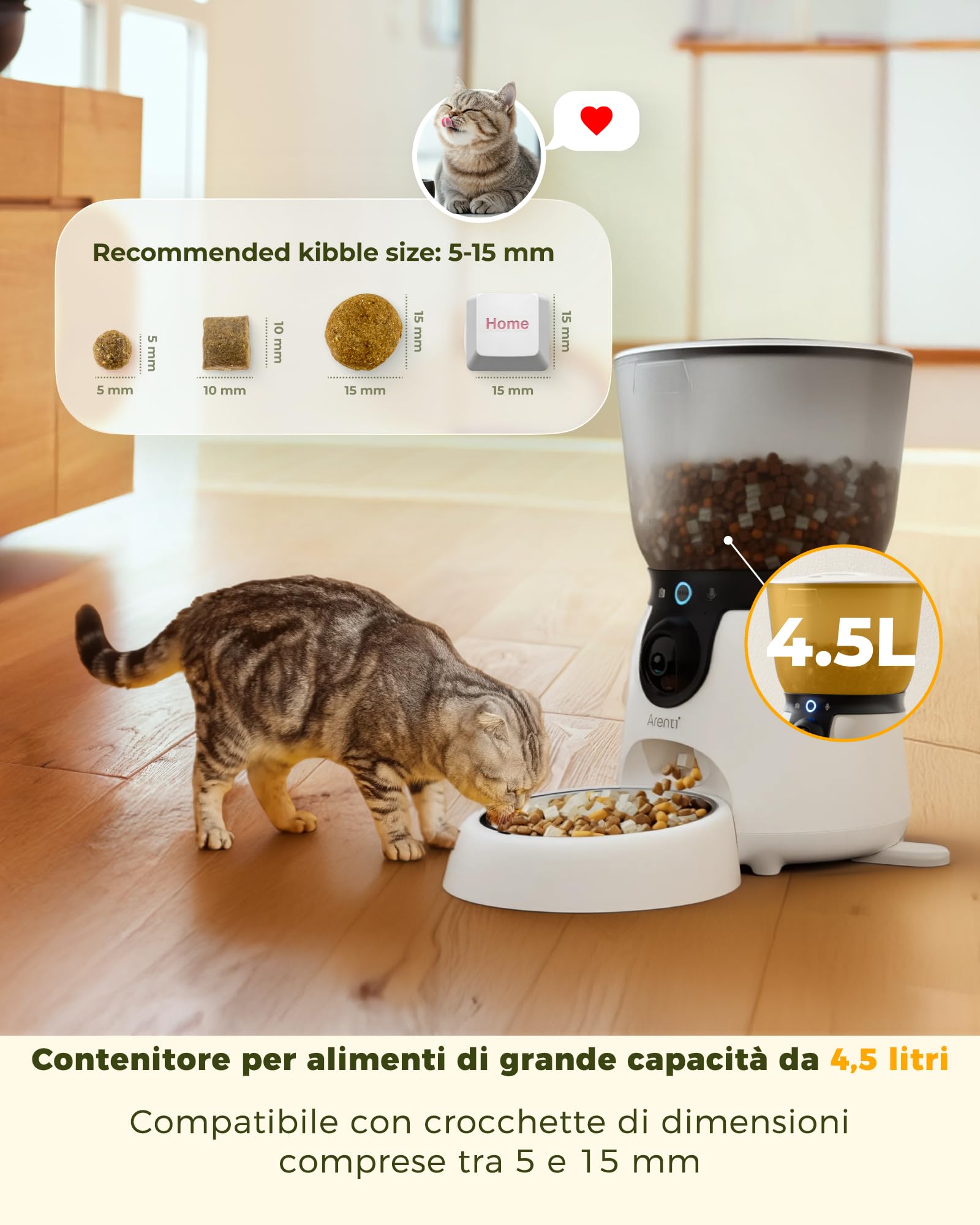 ARENTI Distributore Automatico Cibo per Gatti e Cani con Telecamera HD 2K/3MP,Fontanella per Gatti,WiFi 2.4G&5G,4.5L Dispenser Cibo Gatti/Cani con Audio Bidirezionale, Controllo APP