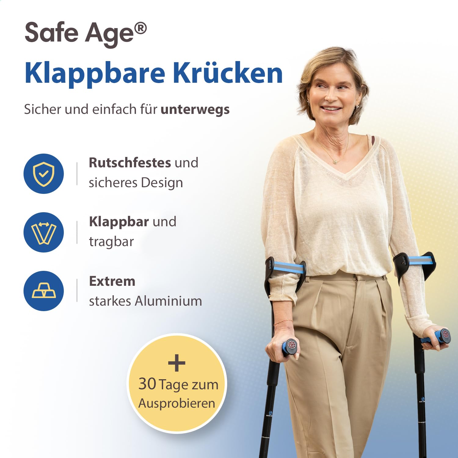 Safe Age® Krücken zur Rehabilitation - höhenverstellbar - Laufhocker - Ellbogenhocker (2 stück)