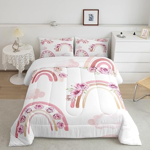 Juego de edredón de arcoíris rosa, tamaño individual, romántico, acuarela, pastel, nubes florales, para niñas, adolescentes, mujeres, rosa, bohemio,
