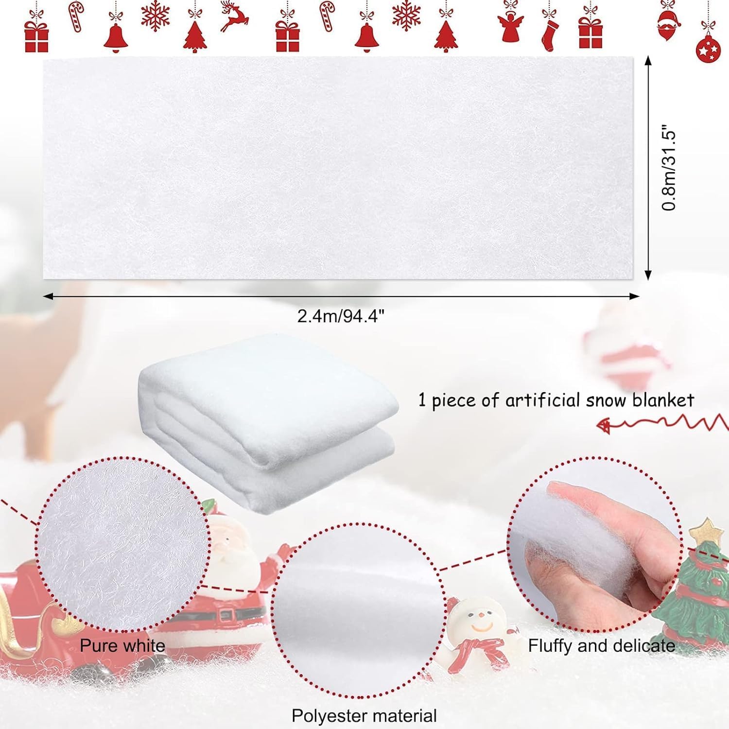 Fake Snow Blanket for Christmas Village, Thick White Soft Snow Roll Under The Christmas Tree (2.6 x 7.8 FT)