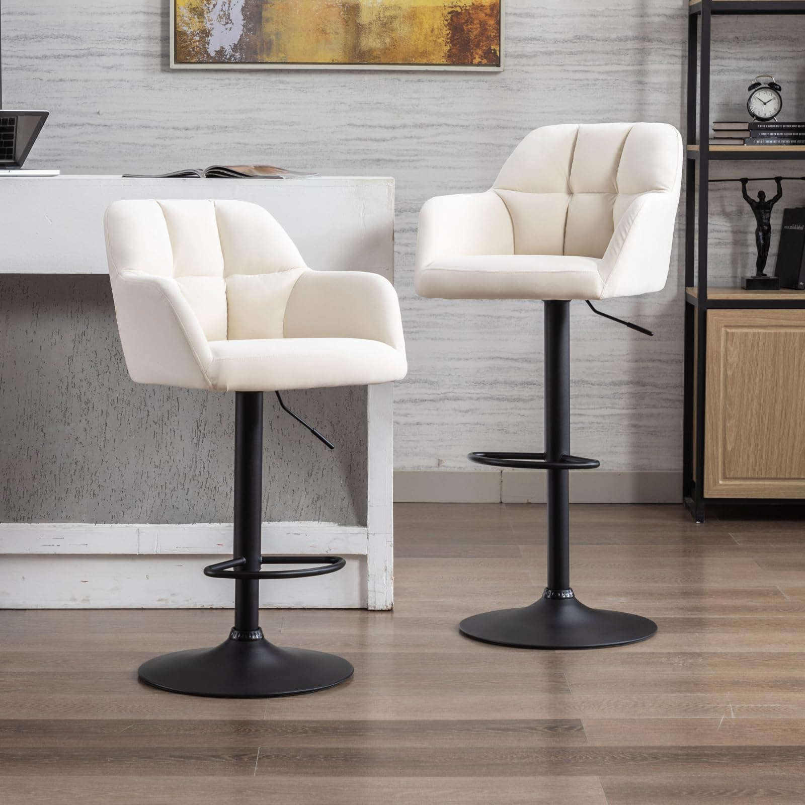chairus Set of 2 Adjustable Bar Stools Kitchen Swivel High Chairs with Armrests, Velvet Modern Tall Taboons for Cafe/Kitchen Island/Restaurant, Beige