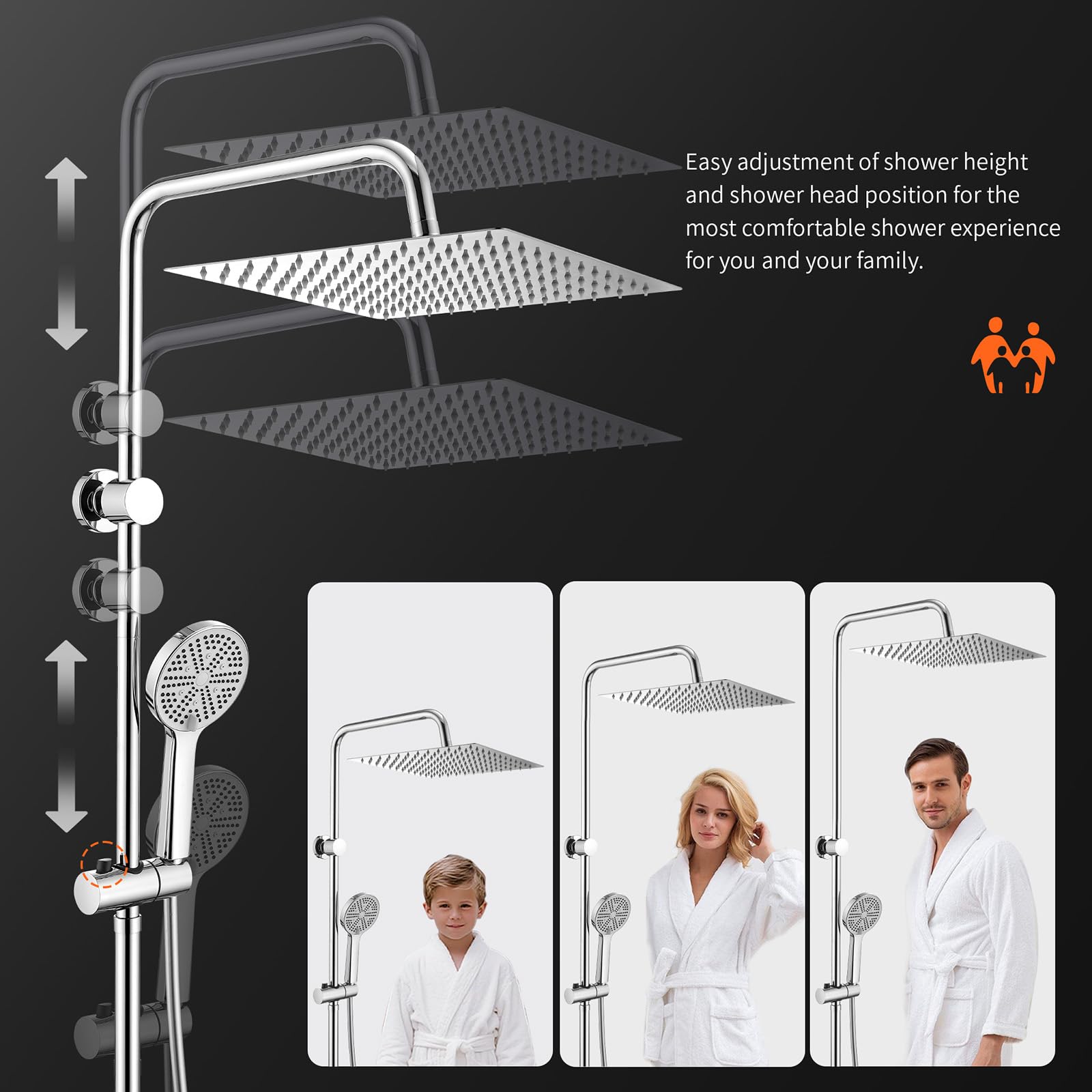 HOMELODY Regendusche ohne Armatur,Duschsystem Chrom mit 30*30cm Kopfbrause | 5 Strahlarten Handbraus,Aluminium Ablage,verstellbare Wandhalterung,2 PVC-Schläuche