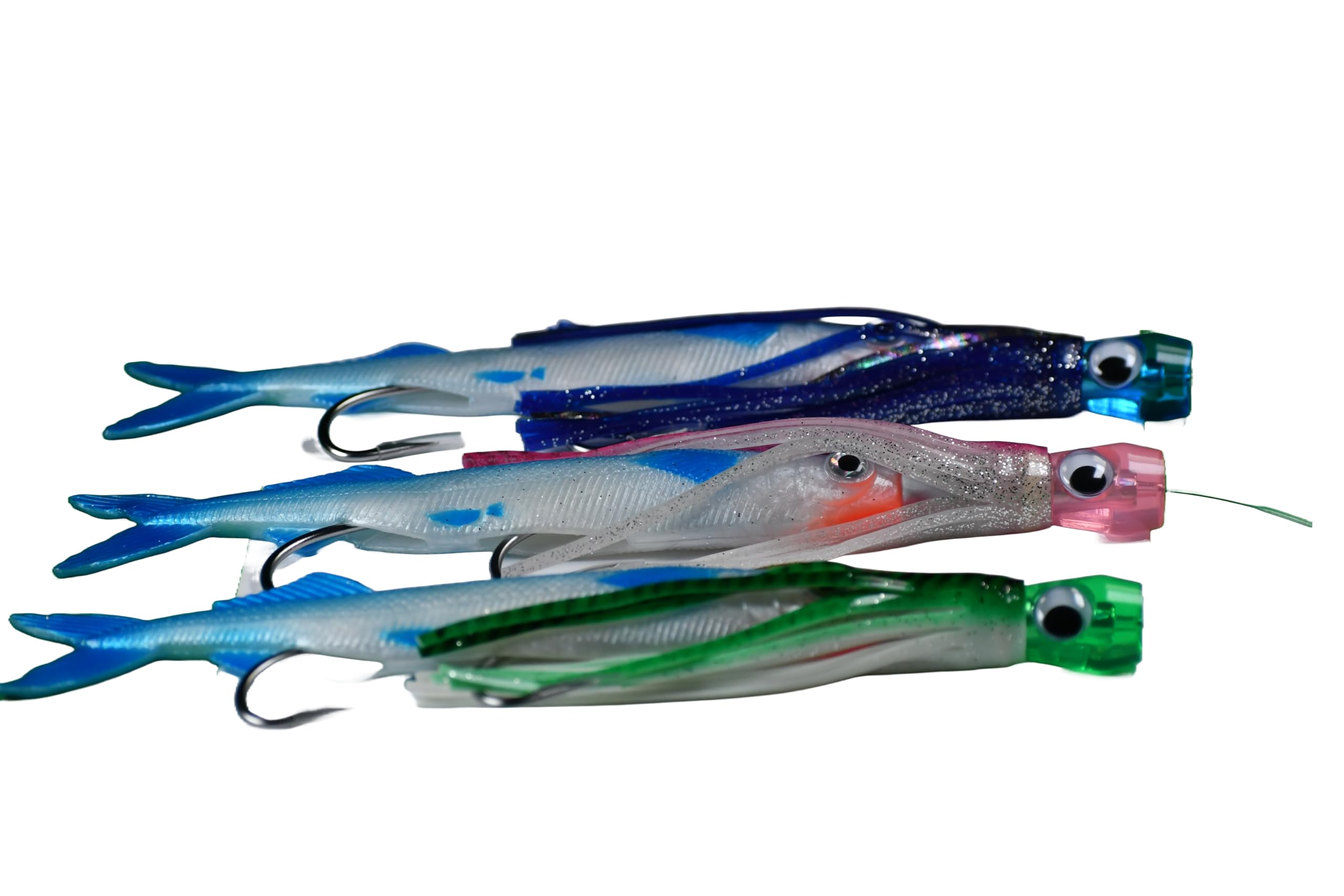 Eat My Tackle Ballyhoo Bomber Pro Pack, 3 Rigged Rubber Ballyhoo with Chugger Heads, 6/0 Hooks, 150 lb Leader