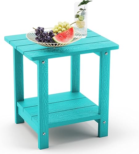 LUE BONA Adirondack - Mesa auxiliar para exteriores, mesa auxiliar de polietileno azul Aruba de 2 niveles, resistente a la intemperie, mesa auxiliar