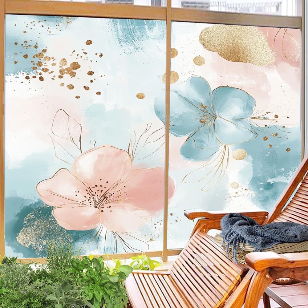 Beautiful Flowers Window Film Privacy Abstract Floral Gold Painting Decorative Stained Glass Decal for Home, Adhesive Window Sticker 35.4Wx63L inch x 2pcs