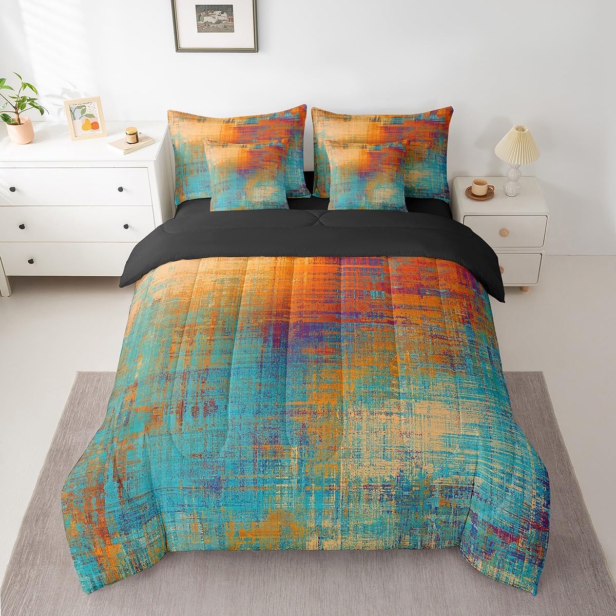 Teal Orange Modern Tie Dye Bedding Queen Size 7-Piece Contemporary Grunge Comforter Set with Fitted Sheet Flat Sheet, Abstract Watercolor Art Bed in a Bag Aesthetic Oil Painting Bedding Comforter Sets - Image 2