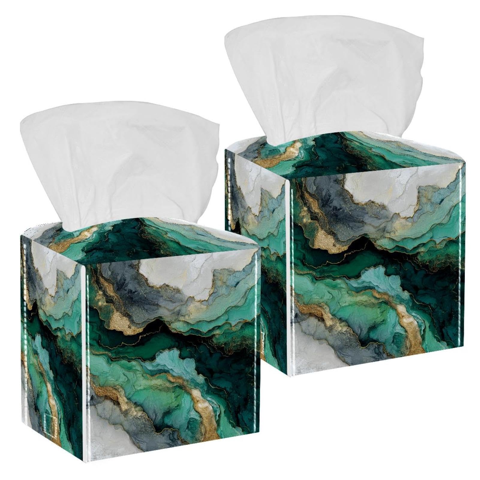 Marble Texture Tissue Box Cover, 2 Pack PU Leather Square Facial Tissue Dispenser Box holder for Home Office Car