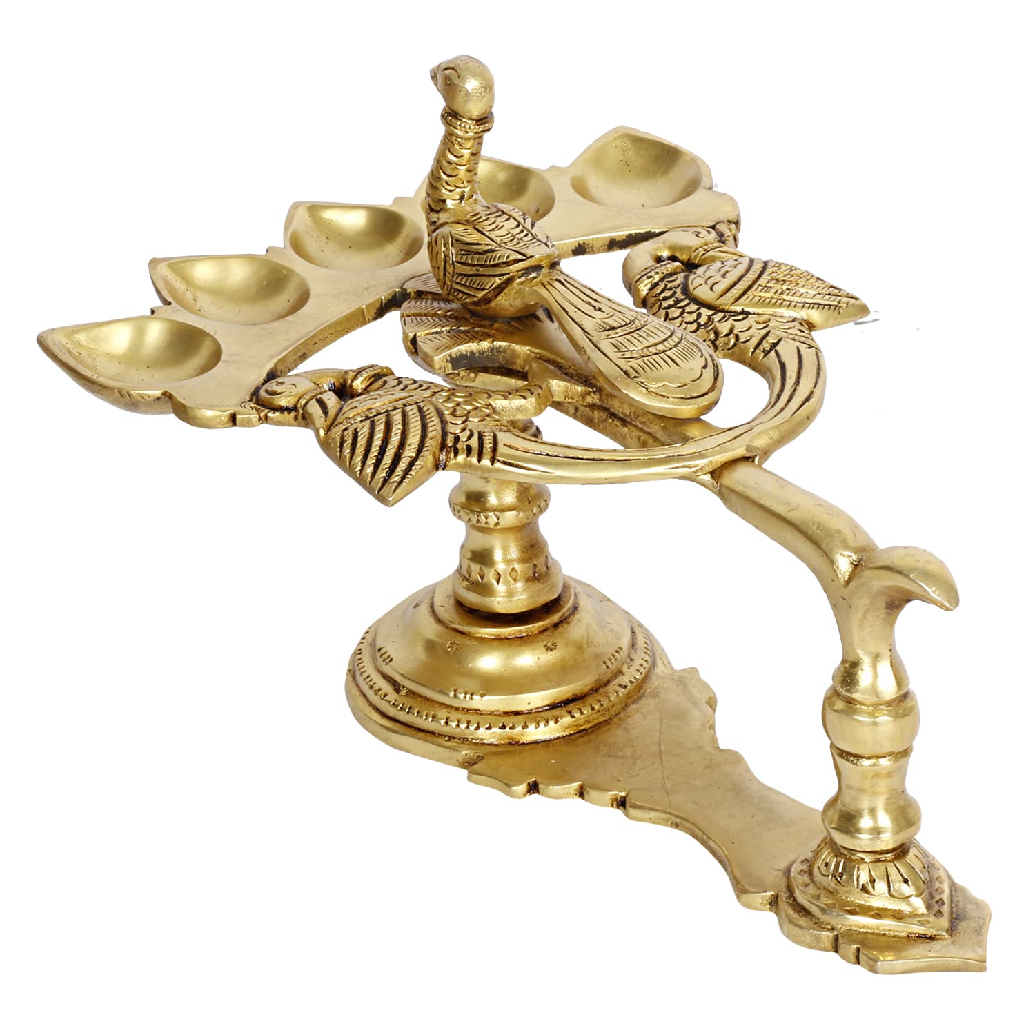 Artvarko™ Paw ptak wzór 5 olejnych knotów mosiężnych Panch Aarti Diya z uchwytem dekoracyjne akcesoria do pudży, lampa kamforowa Aarti do Navratra, Diwali Prezenty Wystrój domu 20 cm.