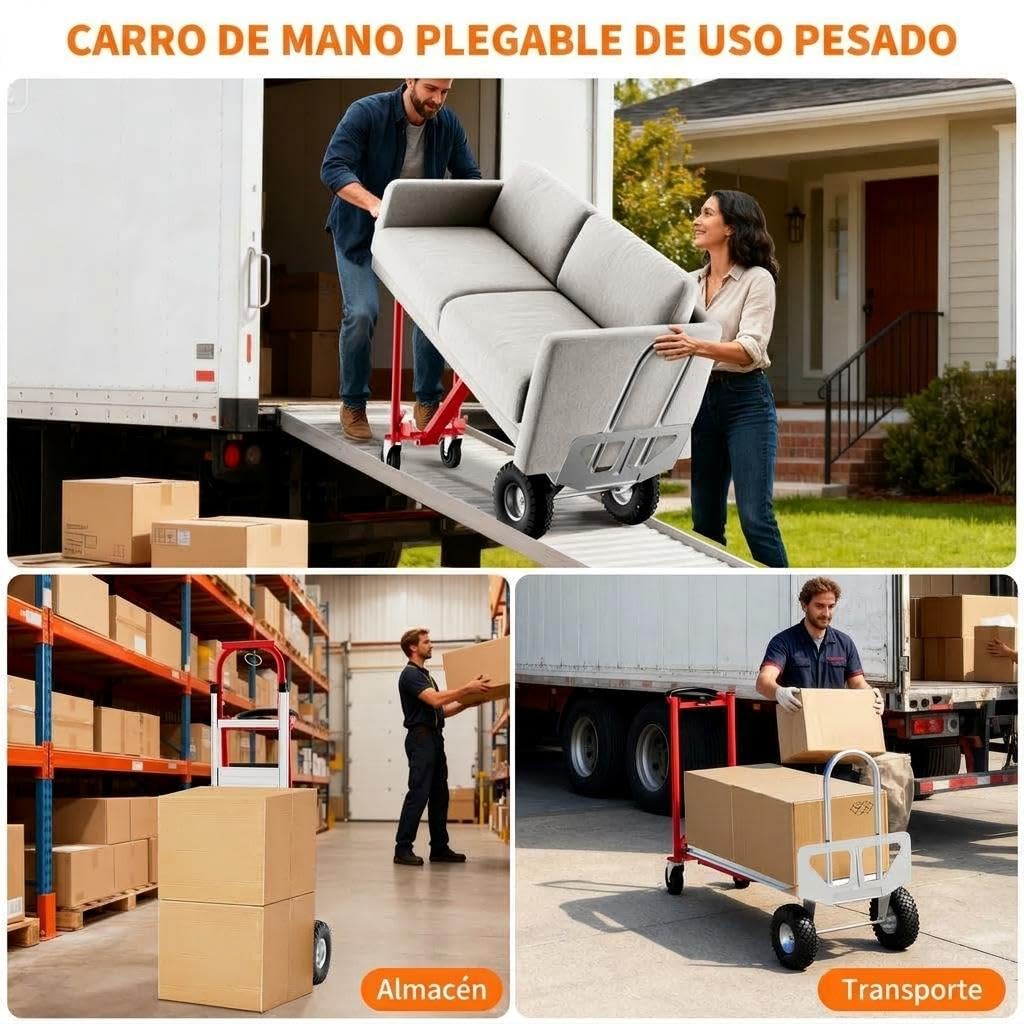 Carretilla Plegable de Aluminio, Carga Máxima 350 kg, Carrito de Ttransporte con Ruedas Macizas Grandes, Carrito Manual para Hogar, Jardín, Almacén y Granja, Rojo