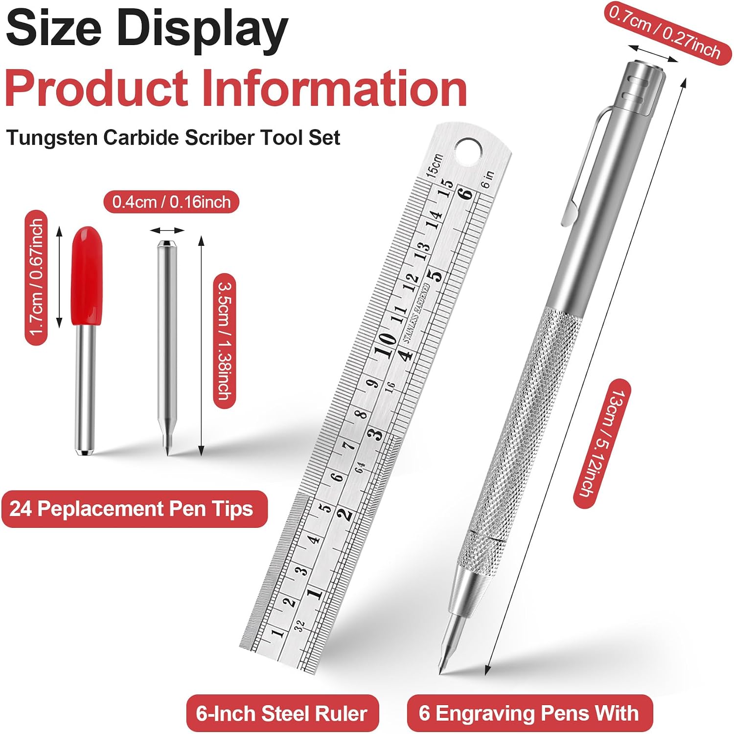 6 Pack Tungsten Carbide Scriber Tools Set - 6 Engraving Pens with 24 Replacement Tips & 6-Inch Steel Ruler, Magnetic Metal Marking Tools for Glass, Steel, Ceramics, Wood, Leather, Welding & Crafting