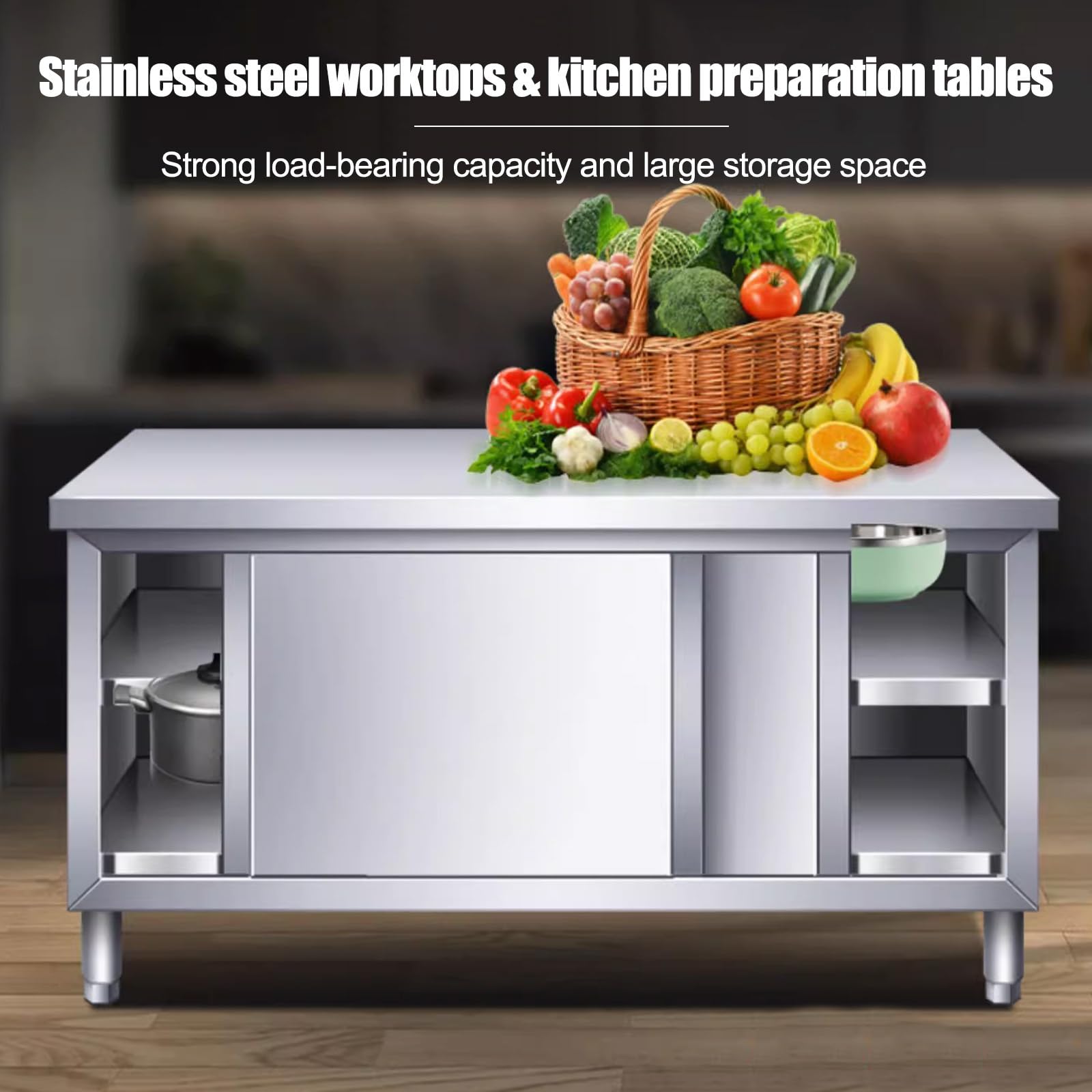 Mesa de trabajo comercial de acero inoxidable con puertas correderas, mesa de preparación resistente para el hogar, restaurante, garaje y almacén (80 x 50 x 80 cm / 31.5x19.7x31.5in)