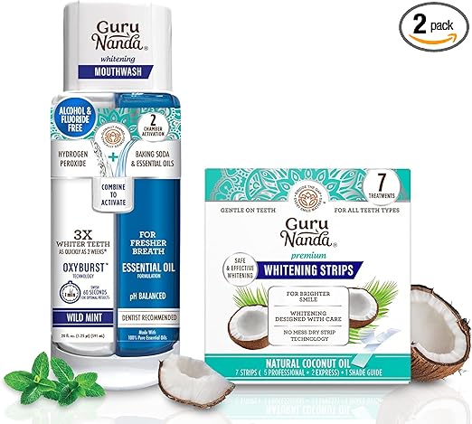 GuruNanda Whitening Wonder Duo, Dual Barrel Oxyburst Whitening Mouthwash 20 Oz & Teeth Whitening Strips with No Slip, Dry Strip Tech, 7 Day Treatments