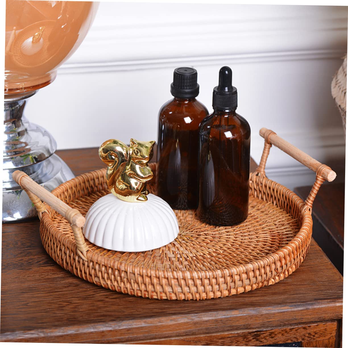 GRIRIW 1pc Rattan Tray Round Serving Tray Sundries Organizer Basket Snack Tray Woven Serving Tray Appetizer Plate Woven Tray Serving Wicker Tray Woven Storage Basket Rattan Platter Wooden