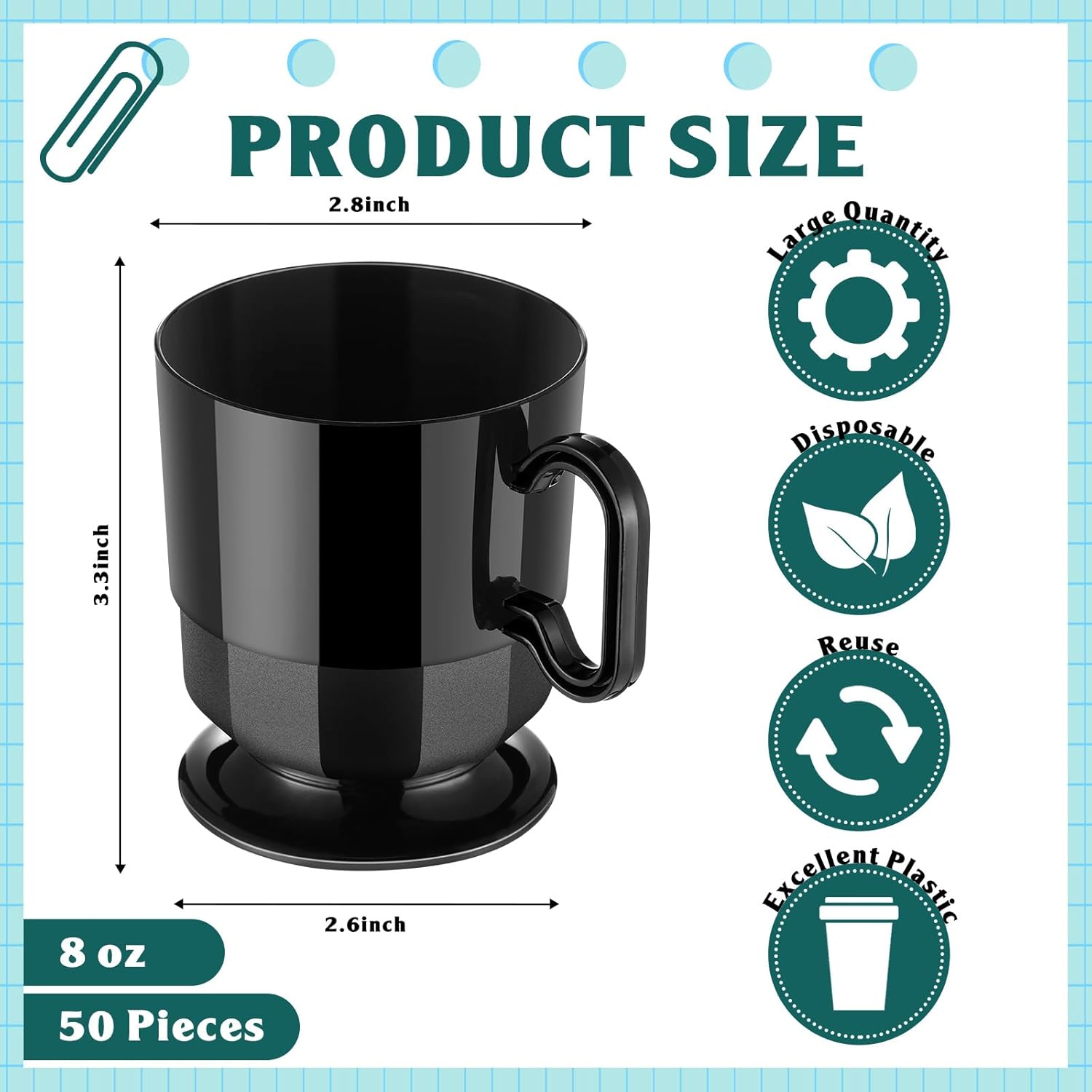 Dandat 50 Pcs Black Hard Plastic Coffee Cup Tea Party Cup with Handle 8 oz Disposable Coffee Mug Bulk Reusable Espresso Mug for Tea Party School DIY Craft Birthday Dessert - Image 3