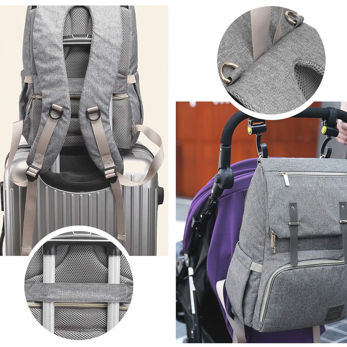 SONARIN Premium Impermeabile Zaino Fasciatoio Bambino per Pannolini,Ergonomico,Mesh Traspirante,Grande Capacità,Organizer per Zaino da Viaggio,progettato per le madri dopo il parto(Grigio)