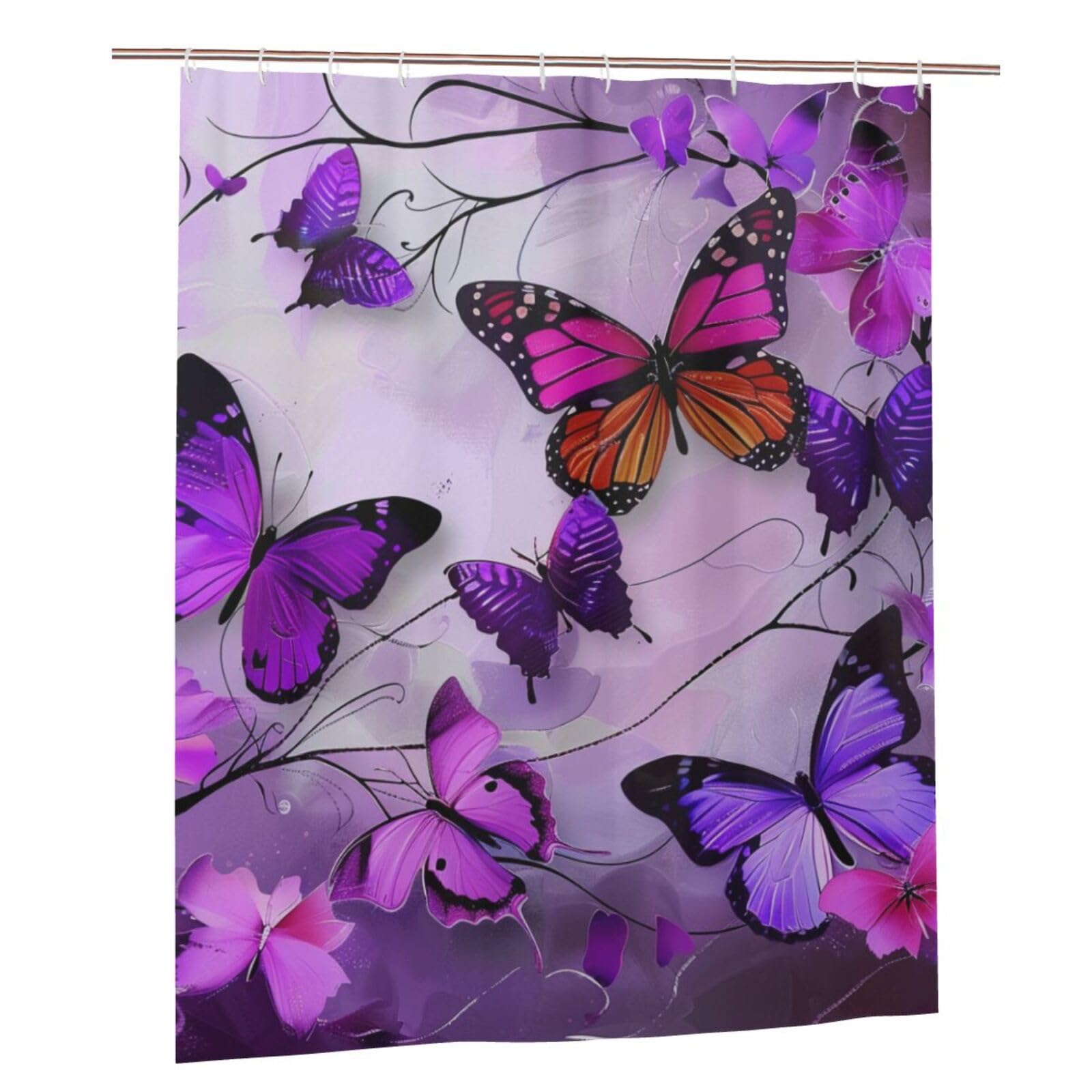 BWWHCCTI Butterflies Printed Shower Curtain With 12 Plastic Hooks Opaque Quick Drying Waterproof Shower Curtains Sets For Bathroom 152x183 Cm