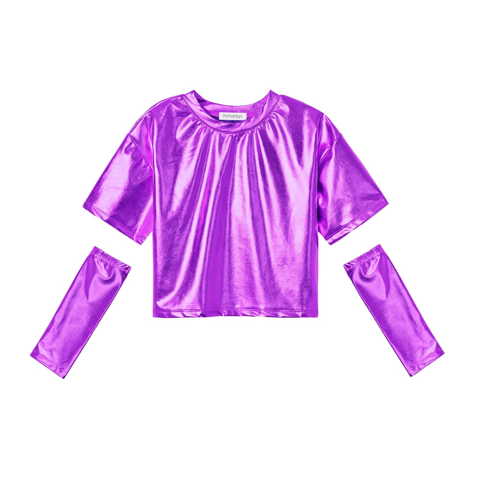 Perfashion Girls Metallic Shirts with Arm Sleeves, Shiny Crop Top for Dancing, Raves, Festivals, Costumes 4-15 Years