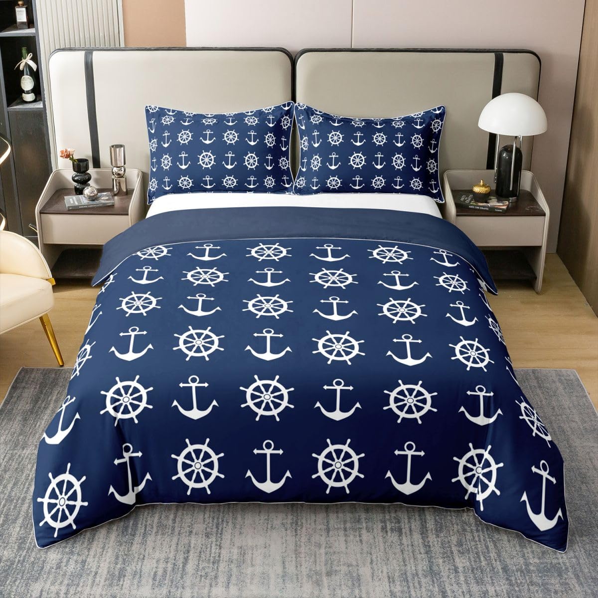 Housse de Couette 220x240 Ancre Bleu Marine et Blanc pour Lit Enfant