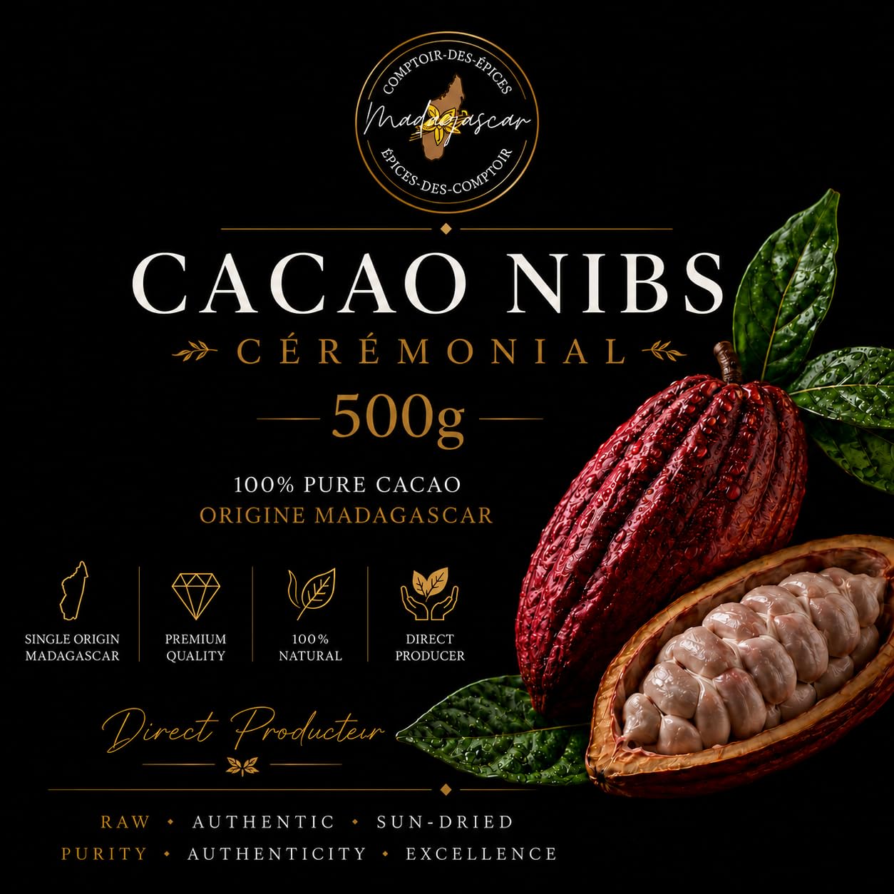 500g Nibs de Cacao Pur Madagascar – Direct Producteur | Grué de Cacao Cru Riche en Antioxydants & Magnésium – Qualité Premium, Sans Additifs