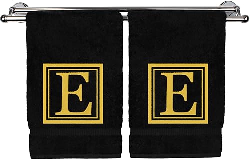 Miniatura 110 de Monogrammed Hand Towel, 16 x 30 Inches Set of 2, Personalized Gift- White Letter Embroidered with Square Design on Black Towel - Extra Absorbent