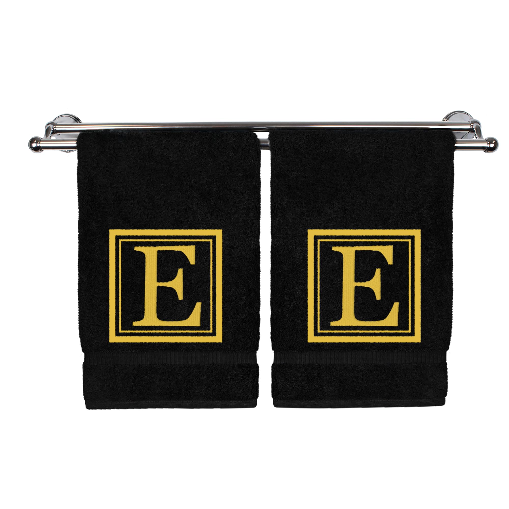 Monogrammed Hand Towel, 16 x 30 Inches Set of 2, Personalized Gift- Gold Letter Embroidered with Square Design on Black Towel - Extra Absorbent - 100%