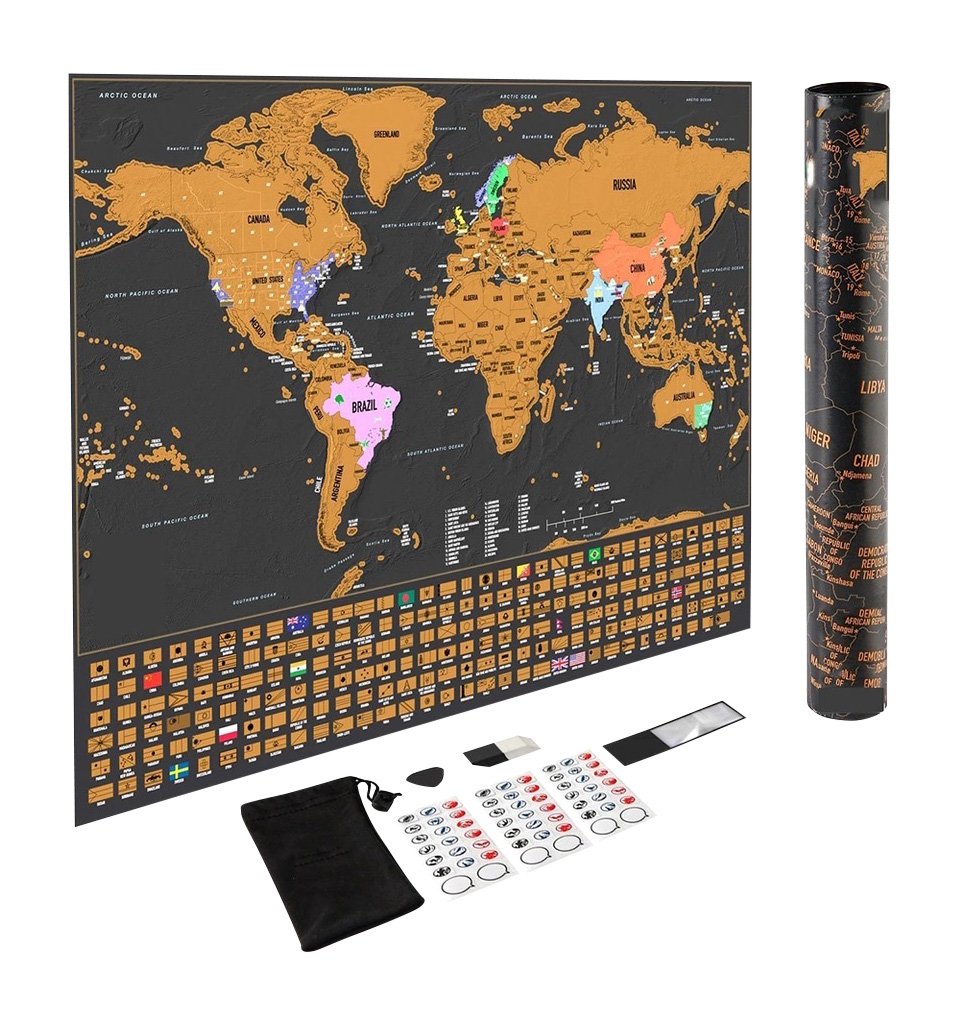 Scratch Off World Map Poster, Deluxe Scratch Map - Scratcher, Memory Stickers, Magnifier and Plastic Eraser, with Accurate Borders Map Scratch Off, Vibrant Colors, Islands and US States, by Dunamis