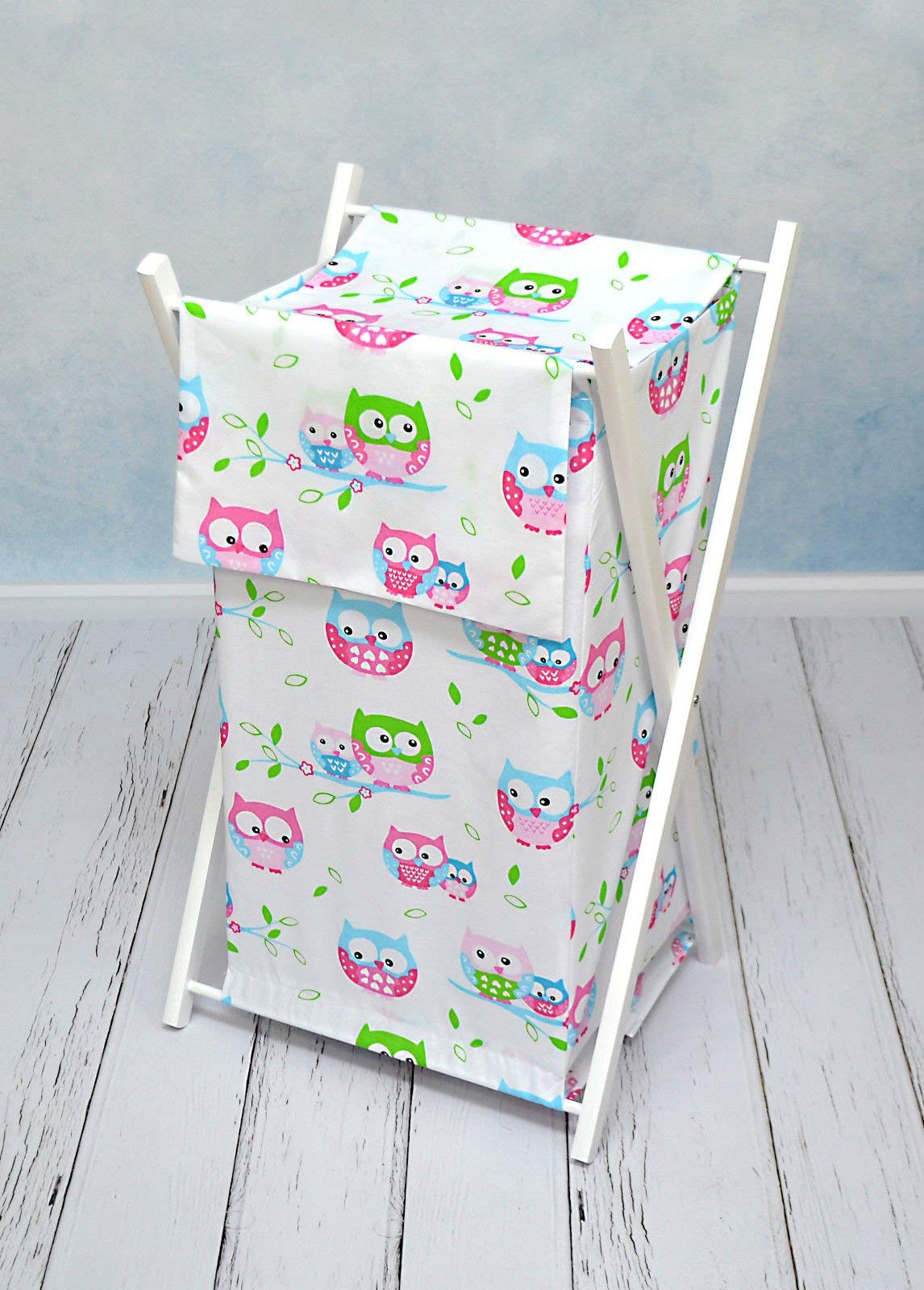 Babymam Owls White Baby Laundry Basket Nursery Hamper Bag Storage Bin With Removable Linen 70 Litre White Frame (Owls White)
