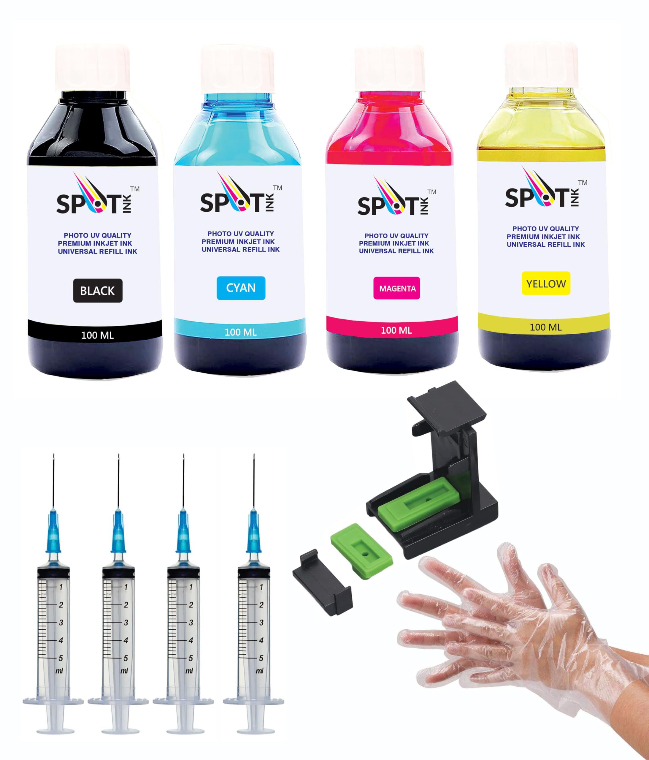SPOTINK CMYK Refill Kit with Suction Tool Combo Pack of High Yield Inkjet Cartridge Ink Refill Compatible for HP and Canon Cartridge Printers - 100ml Per Bottle (Cyan, Magenta, Yellow, Black)