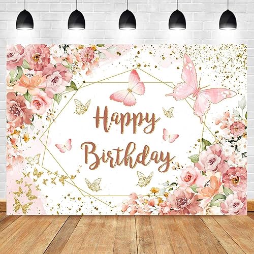 Miniatura 4 de Sensfun Telón de fondo floral de feliz cumpleaños para mujeres y niñas, mariposa rosa, fiesta de cumpleaños, fondo de fotografía, flores en