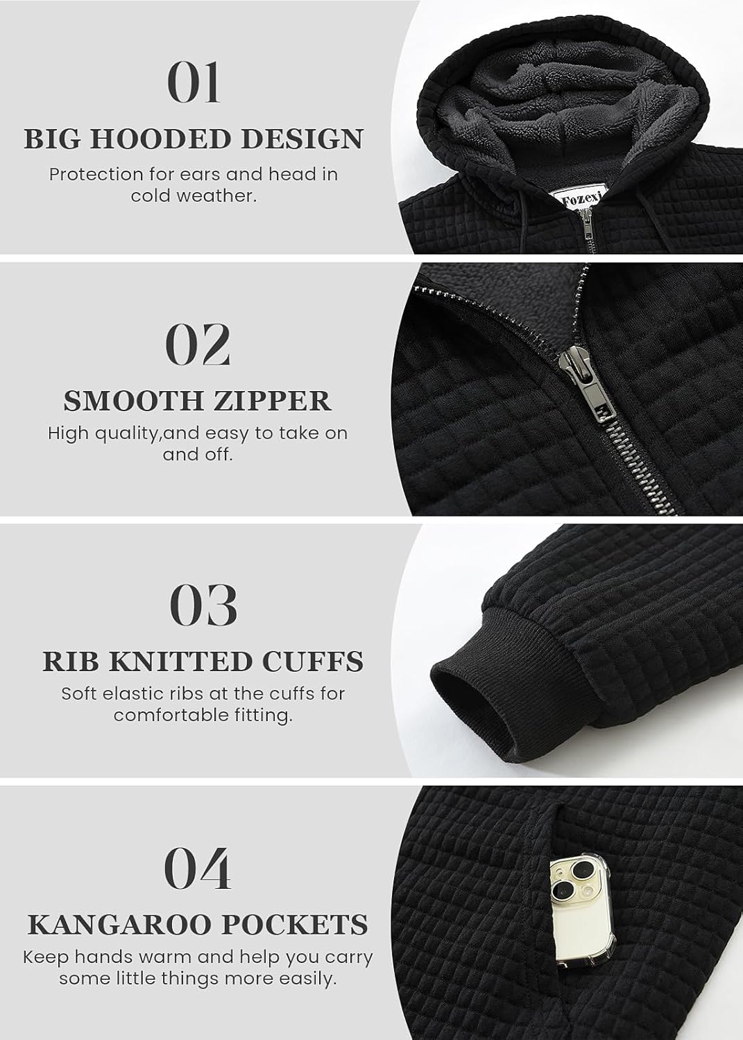 Fozexi Men's Sherpa-Lined Full-Zip Hooded Fleece Sweatshirt Black Small - Image 5
