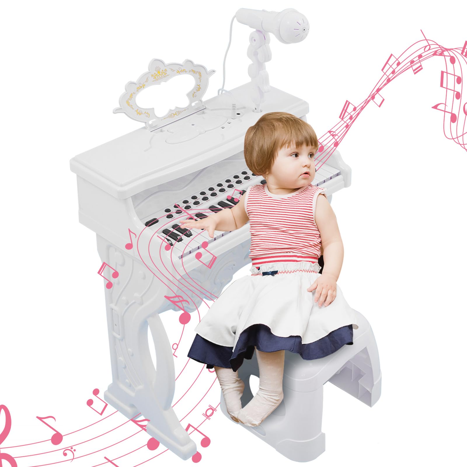 Teclado de Piano para Niños,37 Teclas Juguetes de Teclado de Piano Musical Infantil Portátil con Micrófono Giratorio de 360° y Taburete, Juguete Musical Pedagógico con Patas Desmontables para 3+
