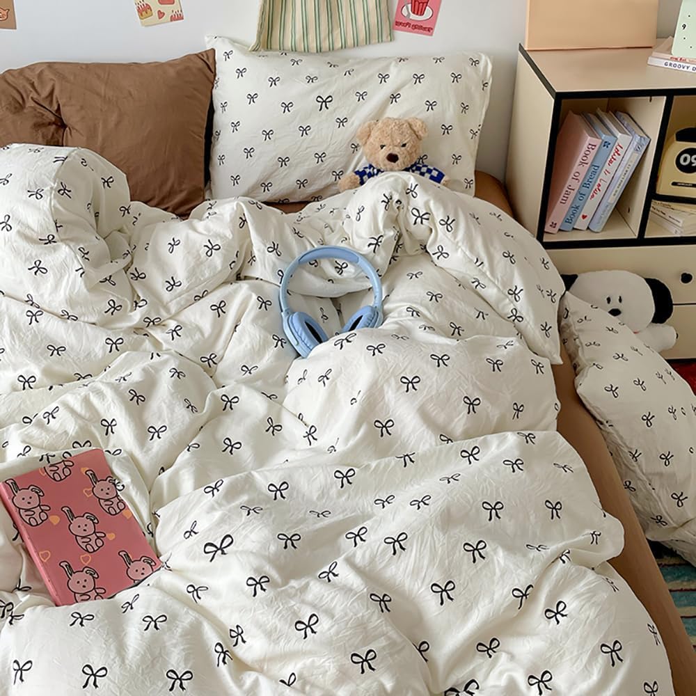 Covebett Bettwäsche 220x240 Weiß mit Schwarz Schleifen Muster Aesthetic Bettbezug Set Kawaii Schleifenmuster Weich Renforcé Microfaser Deckenbezug mit Reißverschluss und 2 Kissenbezug 80x80cm