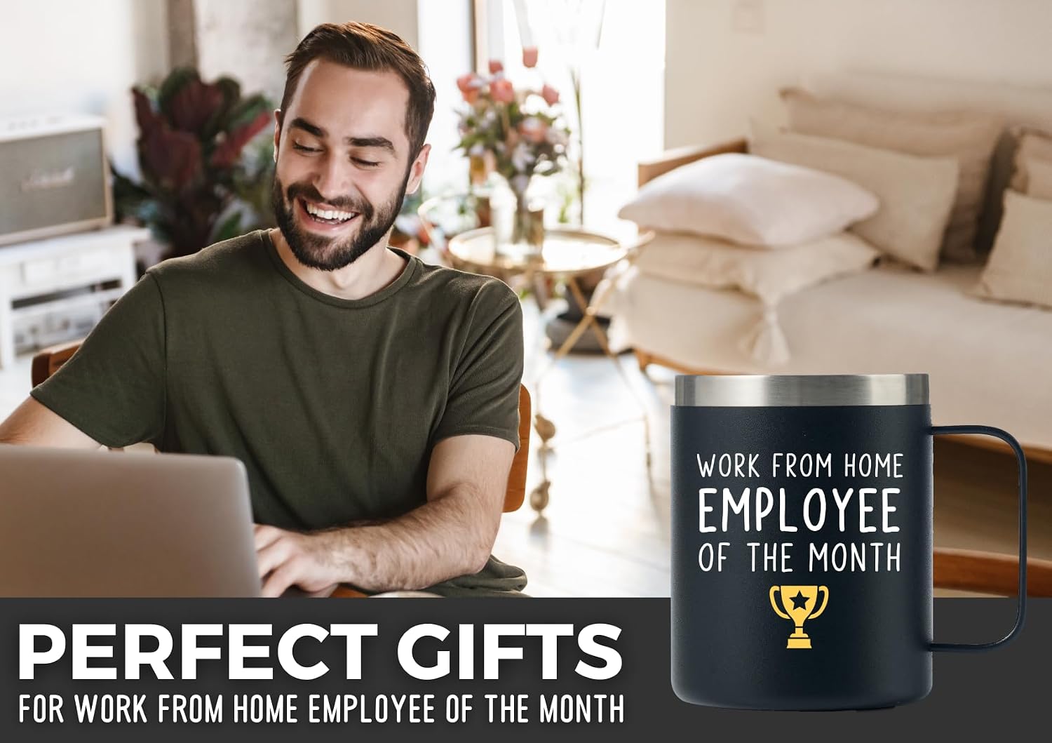 Onebttl Work From Home Gifts For Women/Men, Vacuum Insulated Mug 12oz, Unique Gifts For Remote Workers - Work From Home Employee Of The Month - Metal, Black, BST-WORKHOME-Mug-01Medal