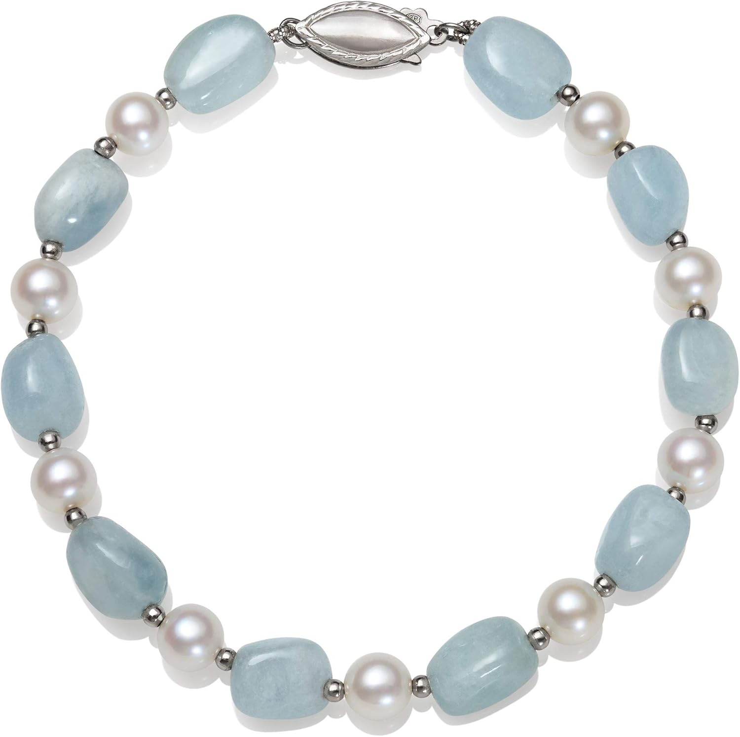 Belacqua Cultured Freshwater Pearl and Natural Milky Blue Aquamarine Strand Bracelet in Sterling Silver, Length - 7.5 Inches, Fishhook Clasp, Real Pearl Jewelry for Women, Gift Box Included