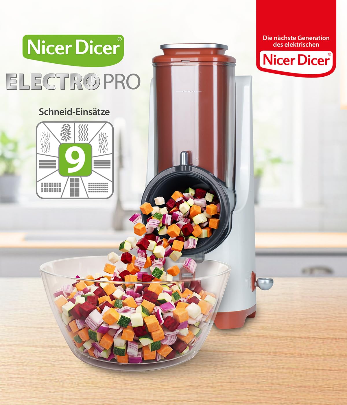 Genius Nicer Dicer Electro PRO Set 32-tlg., terracotta, Gemüseschneider elektrisch mit 9 Einsätzen zum Reiben, Hobeln, Würfeln & Schneiden, extra-scharfe Klingen, einfache Reinigung, leistungsstark
