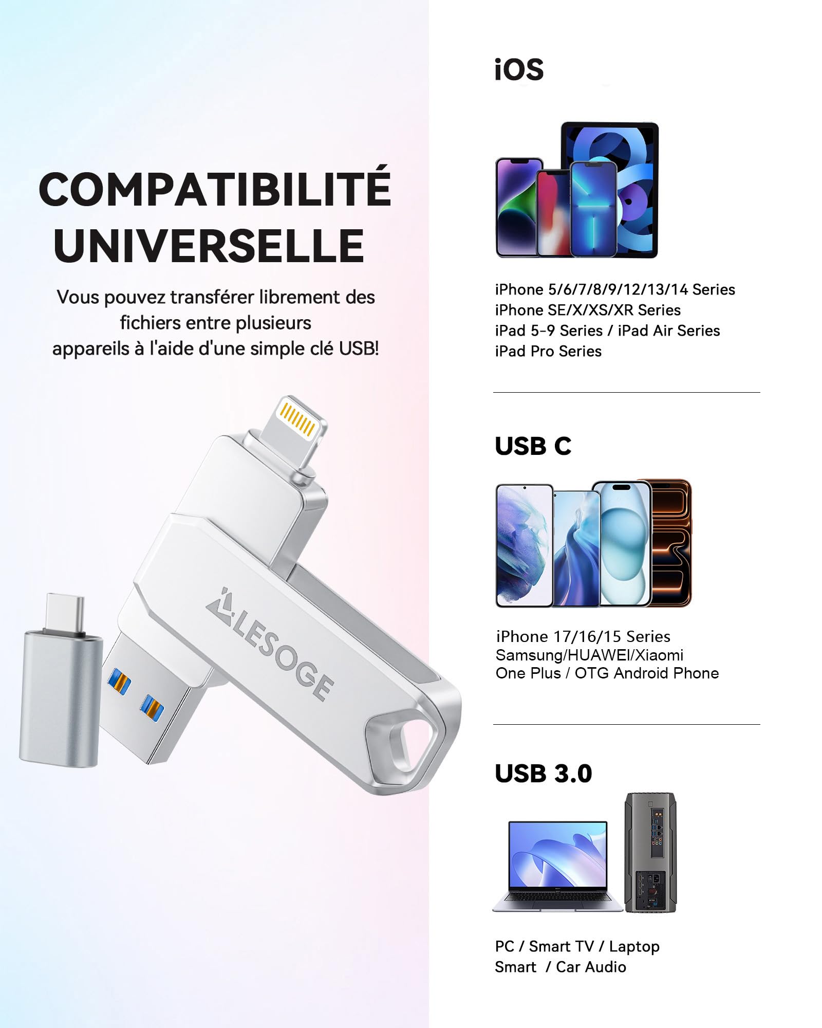 Clé USB 128 Go, 3 en 1 USB 3.0, Stockage Externe USB-C | Certifiée MFi, idéale pour sauvegarder photos et vidéos. Transfert de fichiers facile entre iPhone, iPad, Android, Mac et PC.