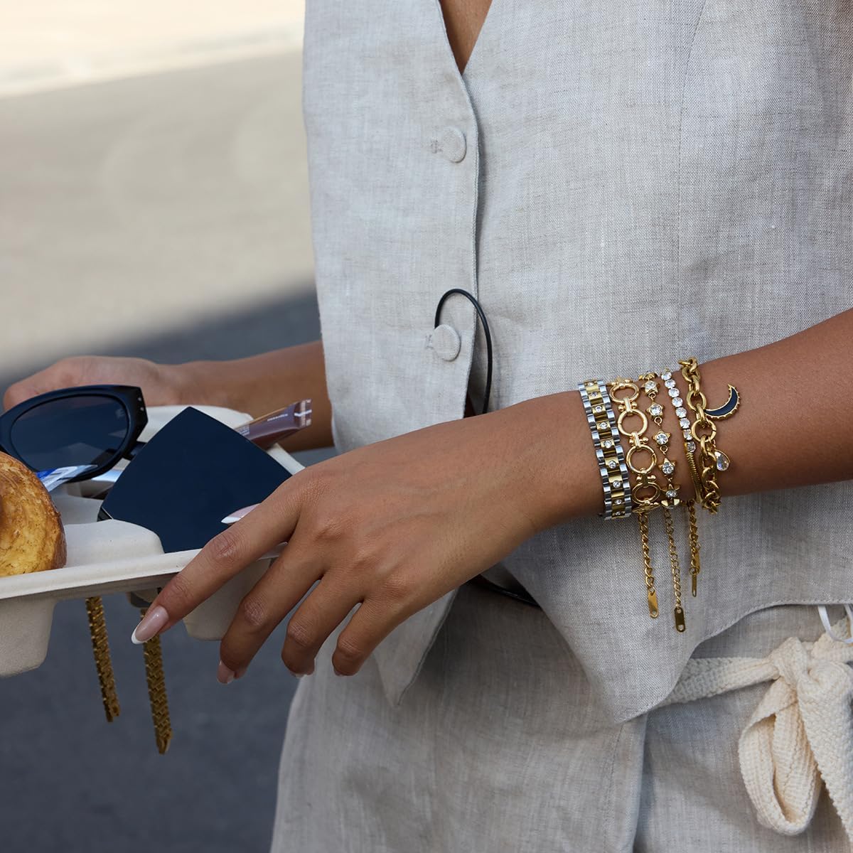 14K Gold Plated Chain Bracelet for Women - Stainless Steel Cubic Zirconia Two Toned Chunky Link Bracelet Gifts for Her - Womens Waterproof 7 Inches Gold Bracelets - Image 8