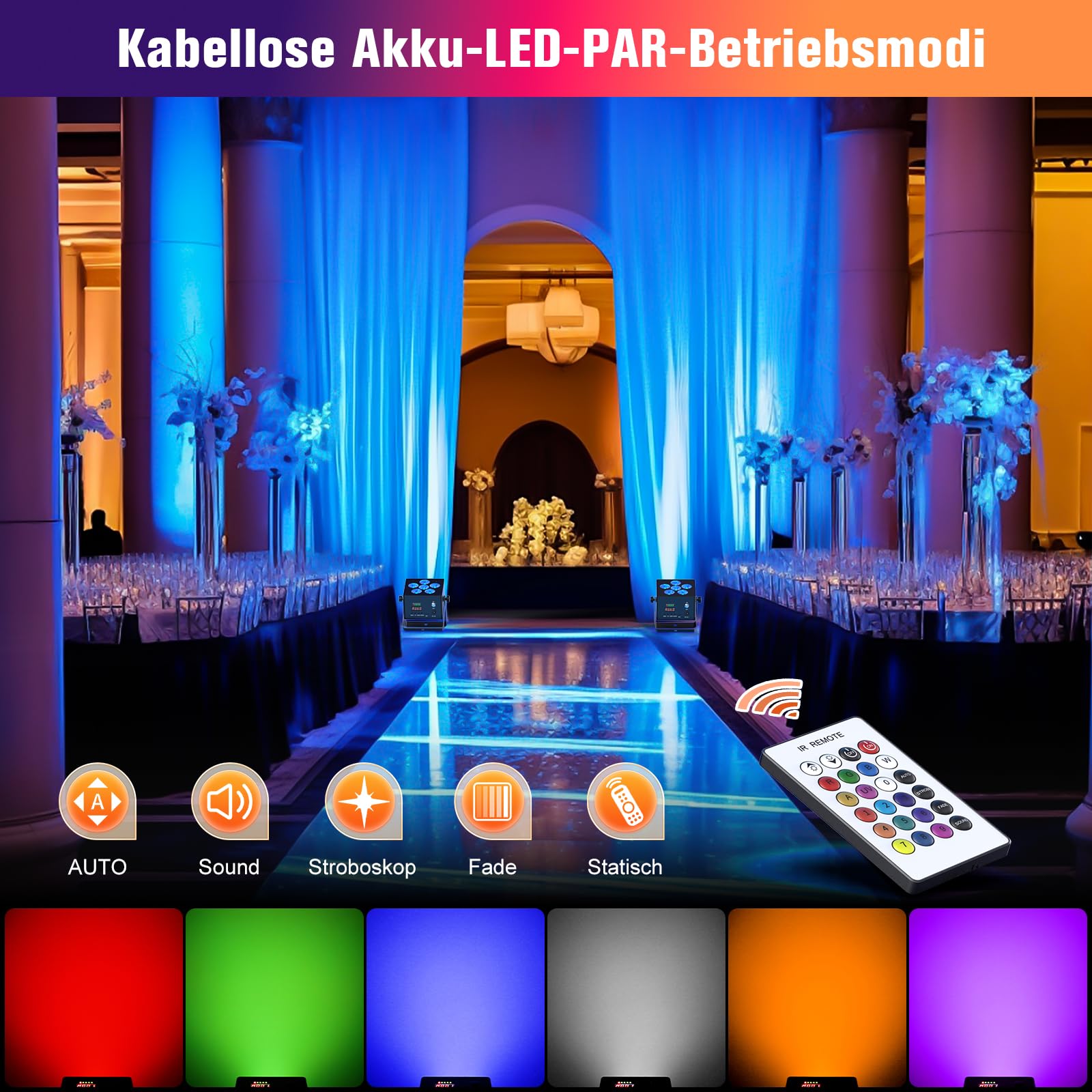 50W LED Par Akku, RGBWA UV 5200mAh Wiederaufladbar Bühnenlicht Strahler mit IR Fernbedienung und Sound Aktivierung, Partylicht DMX für DJ Disco Bar Halloween Weihnachten Geburtstag Party