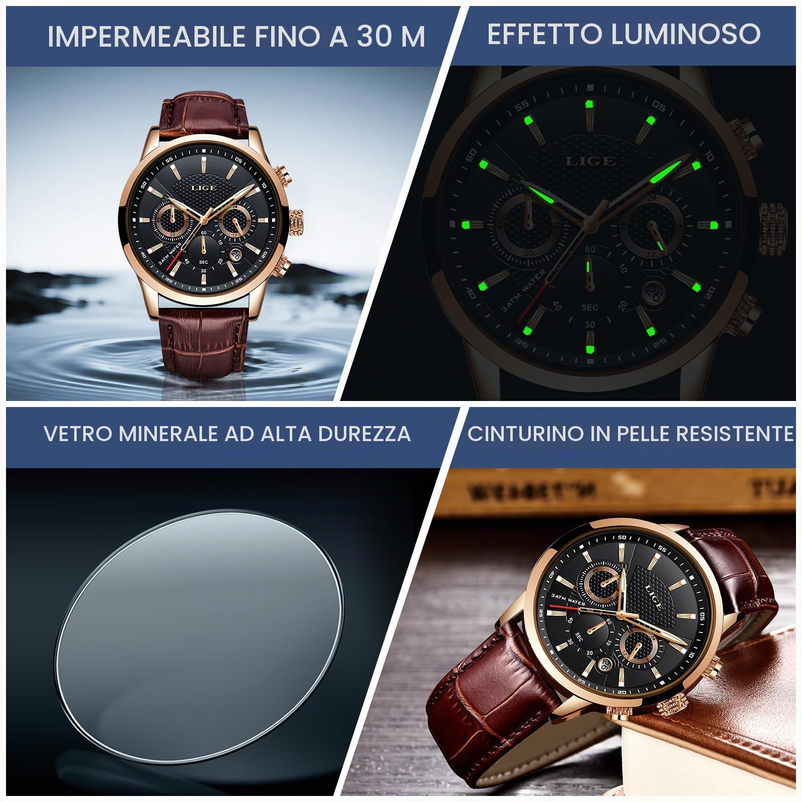 LIGE Orologio Uomo Mode Elegant Acciaio Inossidabile Pelle Impermeabile Analogico Quarzo Classico Cronografo