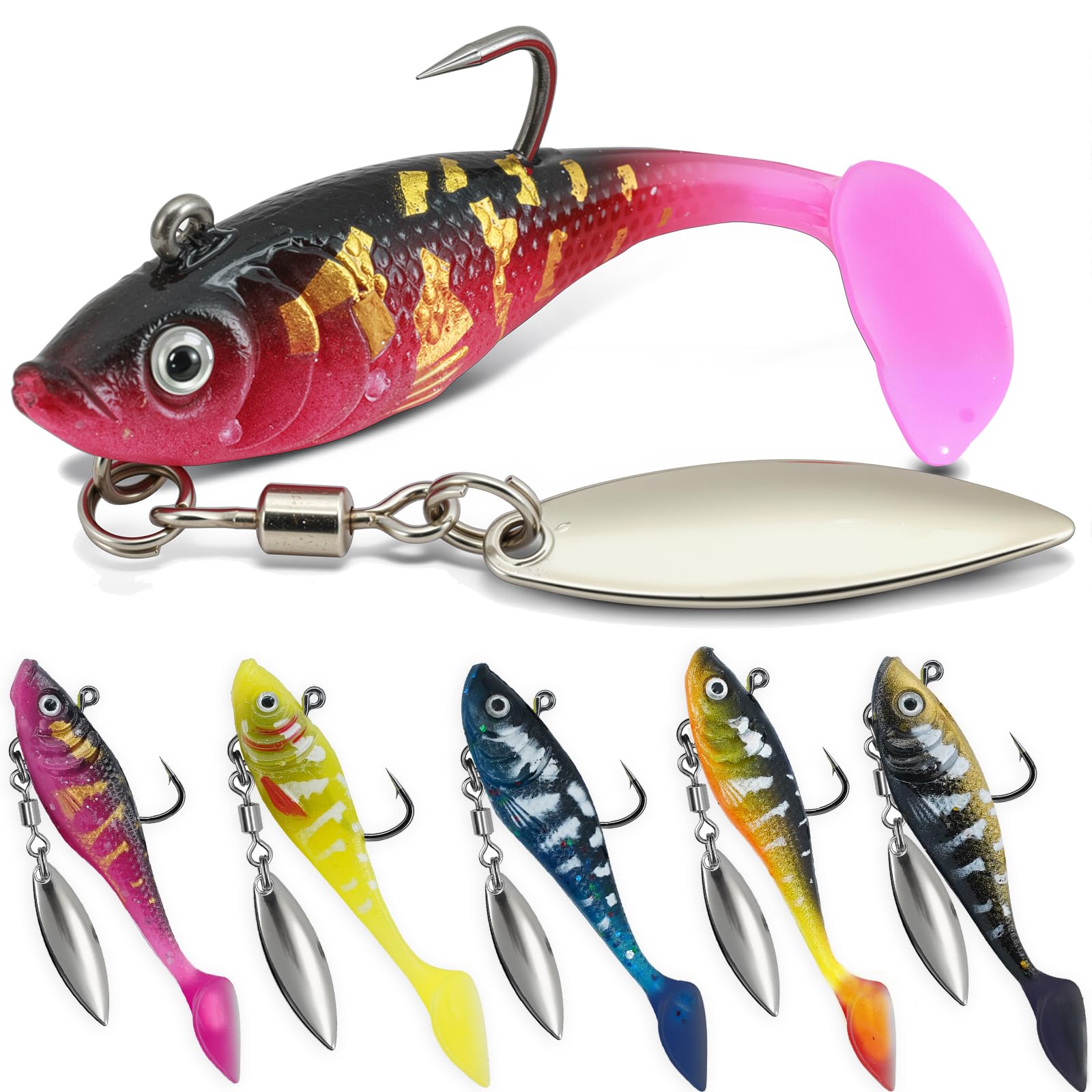 5pc Pre-Rigged Swim Baits for Bass Fishing - Jig Heads Soft Plastic Walleye Lures, Paddle Tail Swimbaits with Spinner Blades for Bass, Crappie & Trout