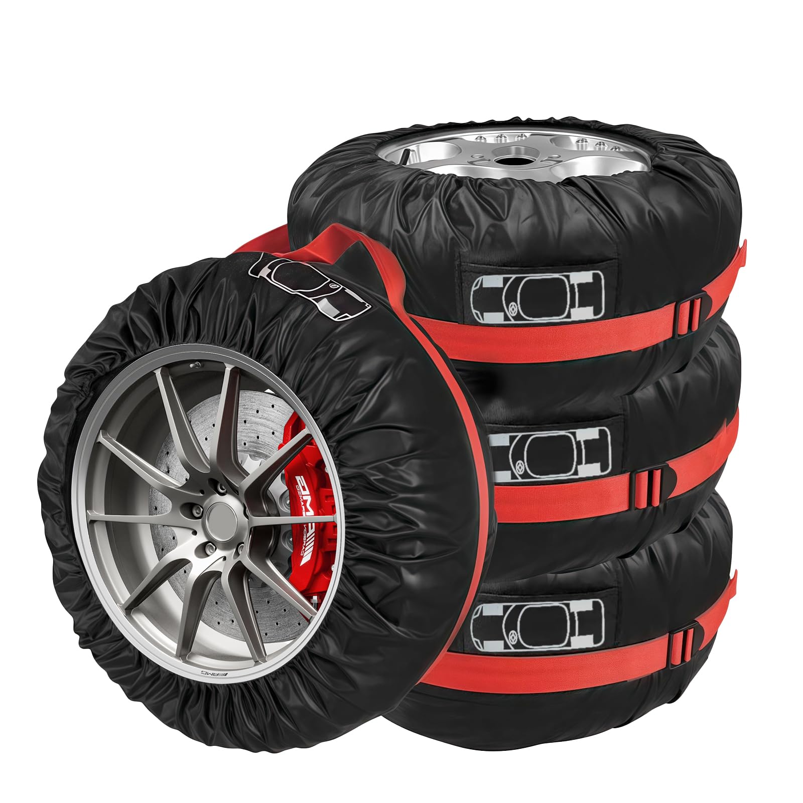 4 Pezzi Borsa Pneumatici Auto, 18-22" Copertura per Pneumatici di Ricambio Auto Copri Gomme Ruota Coperture, Impermeabili Antipolvere con Manico, Nero