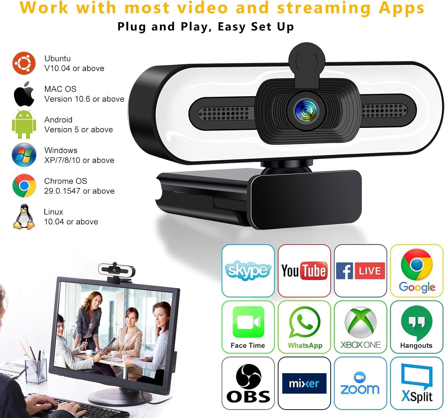 4K Webcam with Ring Light Microphone - Streaming Web Camera, 1080P Full HD Pro Camera for PC Mac Laptop Desktop, USB Computer Webcam with Privacy Cover and Tripod for Zoom Meeting Skype Teams Twitch