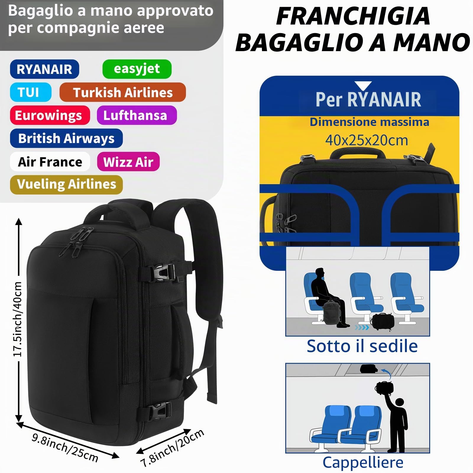 CNMTCCO Zaino Ryanair 40x30x20 Zaino da Viaggio Aereo Bagaglio a Mano Donna Uomo Zainetto Porta PC 14 Pollici per Lavoro Scuola Trekking