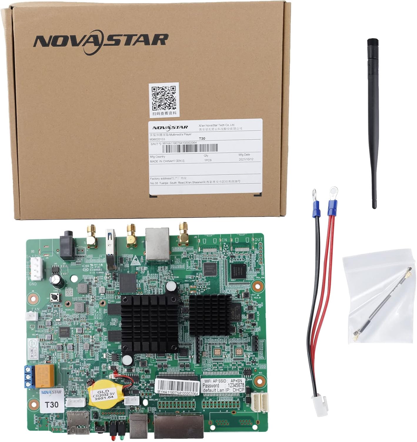Novastar T30 multimedia player with its box, antenna, and power cable