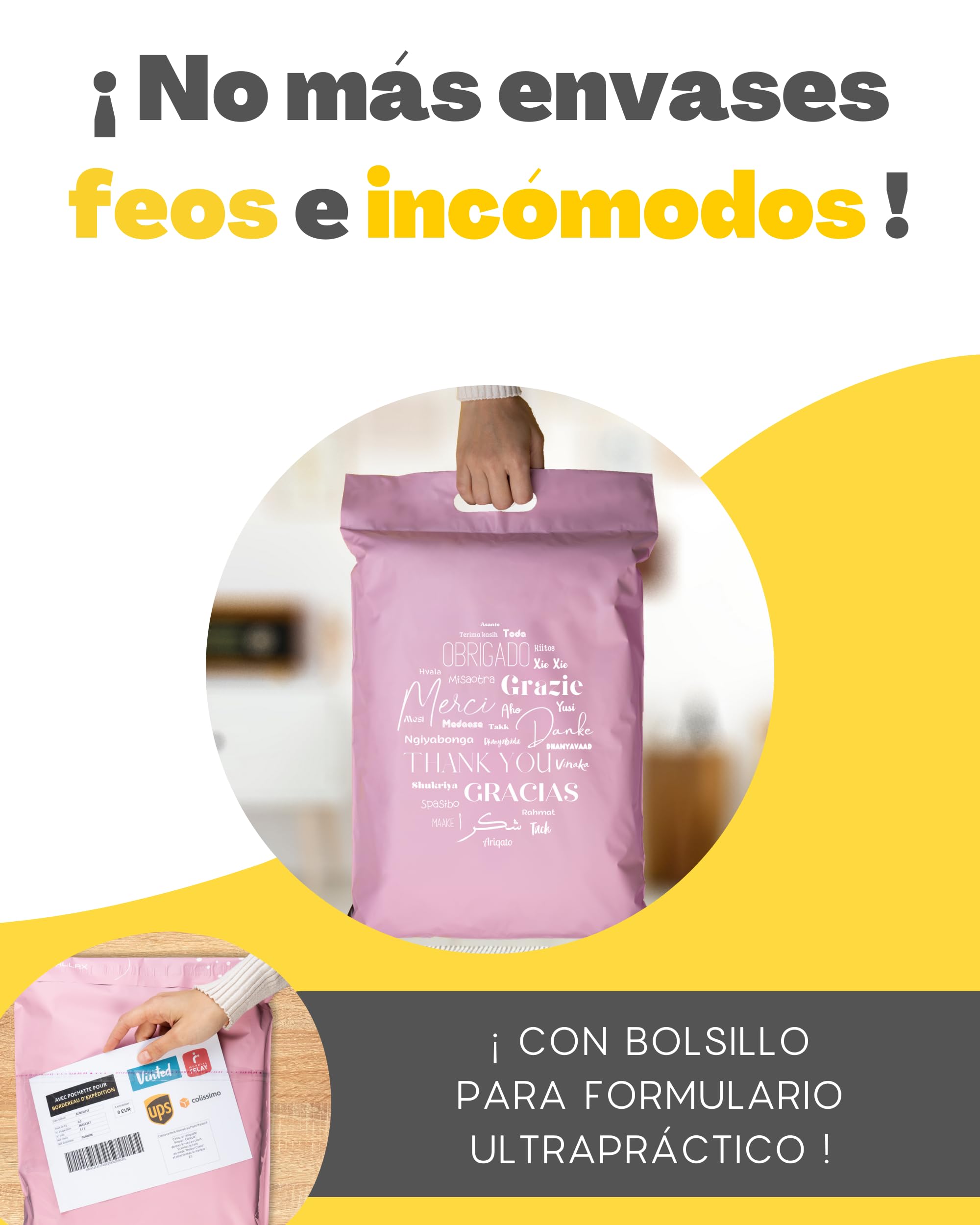 40 sobres para envíos de ropa CON BOLSA PORTADOCUMENTOS - 2 Tamaños M/XL - 100% OPACO/ULTRA-RESISTENTE/IMPERMEABLE - Sobres Plastico con Asa - Bolsas de Envio Paquetes (Rosa, Tamaño M/XL)