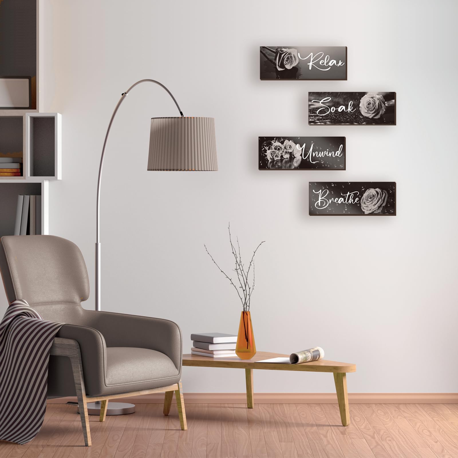 4 Decorazioni Parete In Legno Giallo Con Rose - Scritte Rilassati Per Bagno E Camera Da Letto - Arredo Fattoria Moderno Con Fiori