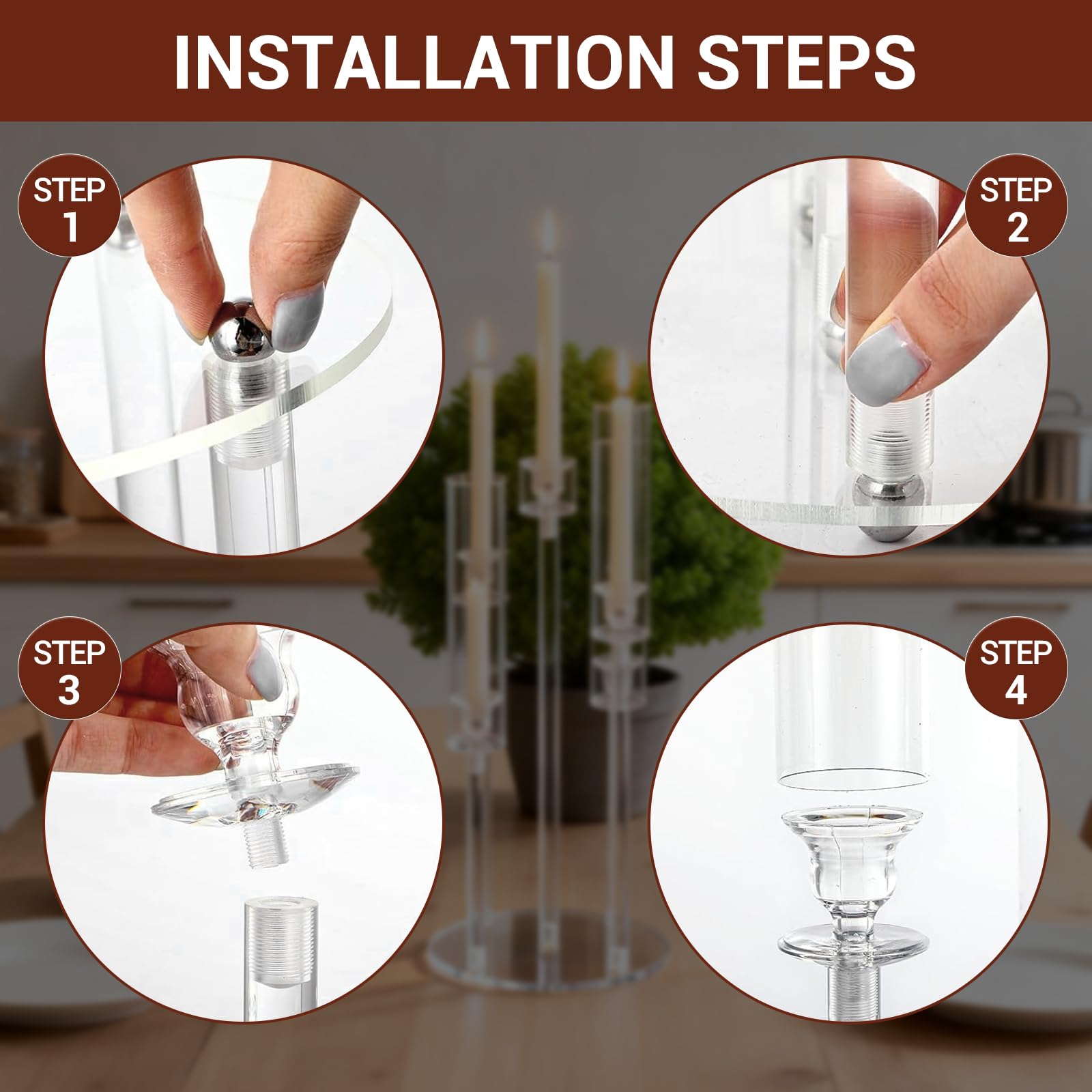 GarveeHome 5-Armiger Acryl-Kerzenständer im 5-teiligen Set – transparenter Tisch-Kerzenhalter für Hochzeitsdeko, Esstisch & Wohnzimmer, rutschfest (ohne Kerzen)