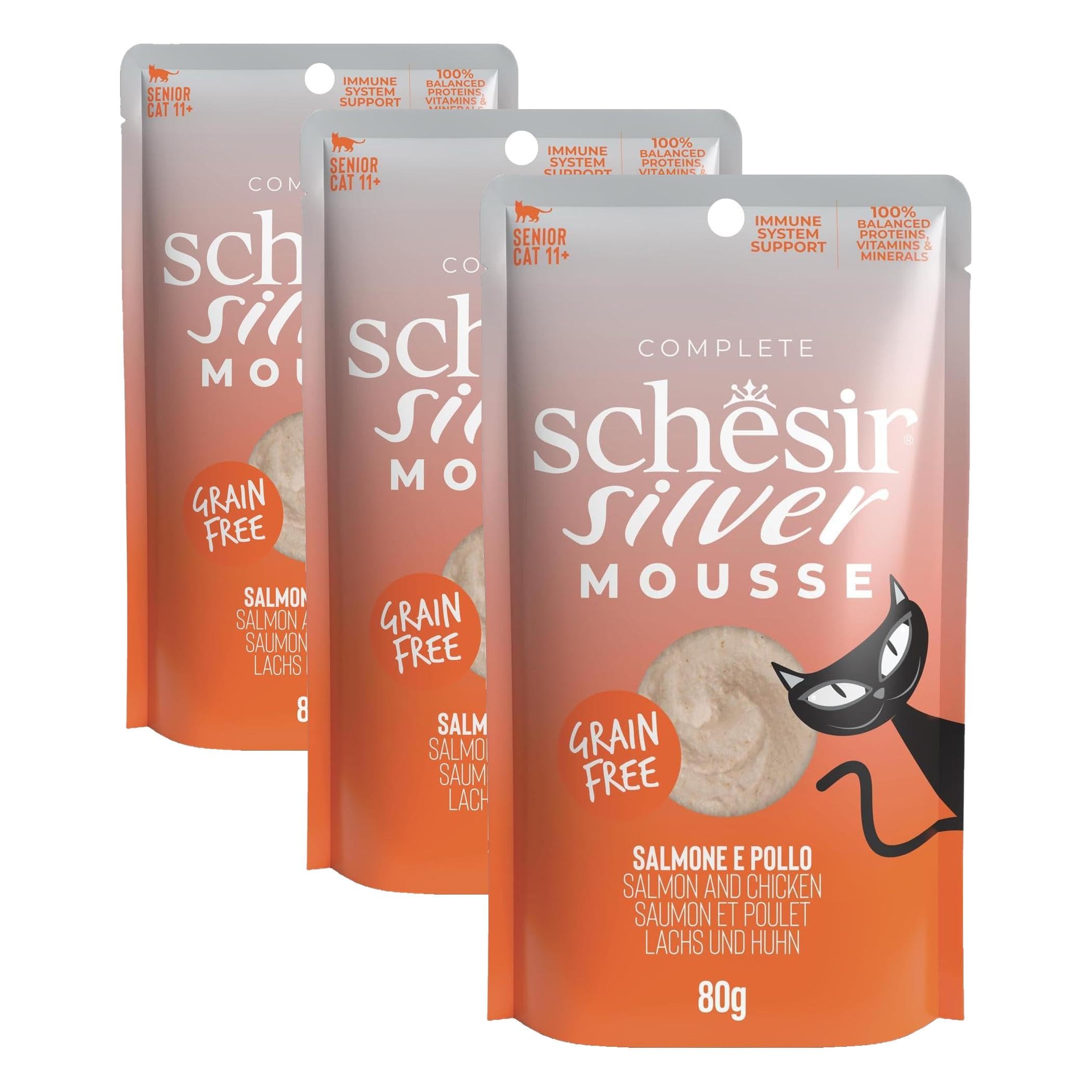 Schesir Silver, Salmón y Pollo En Mousse, Alimento Húmedo Completo para Gatos Mayores, Sin Cereales, Apoya El Sistema Inmunitario, Rico En Hidratación, 12 X 80g (Paquete de 3)