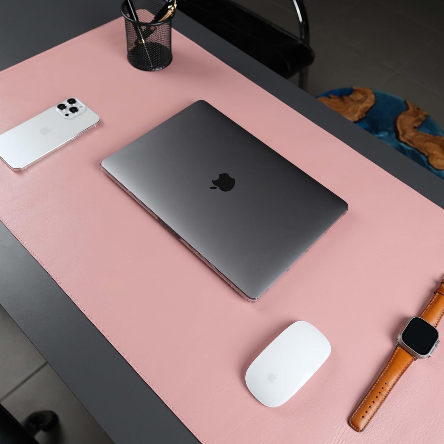 Jersey Genuine Calfskin Leather Desk Pad, Office Desk Mat with Non-Slip Bottom, Smooth Surface for Mouse & Keyboard, Desk Protector (14.6x31.5 inches) (Pink)