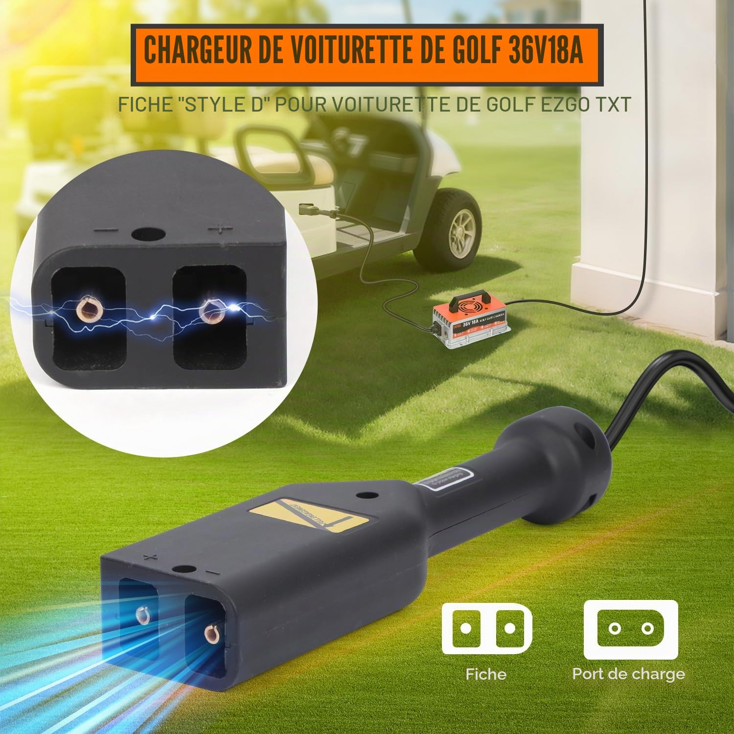 CMTOOL Chargeur de batterie de chariot de golf 36 V 18 A pour voiturettes de golf EZGO TXT avec prise de type D, chargeur de batterie automatique intelligent 36 V 18 A au plomb étanche IP67